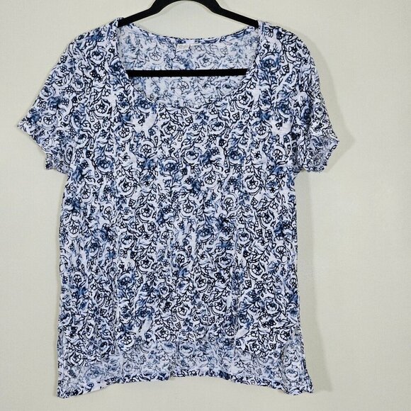 Artisan NY Top L Womens White Navy Floral SS Round Neck Office Casual Linen Boho - Picture 11 of 12